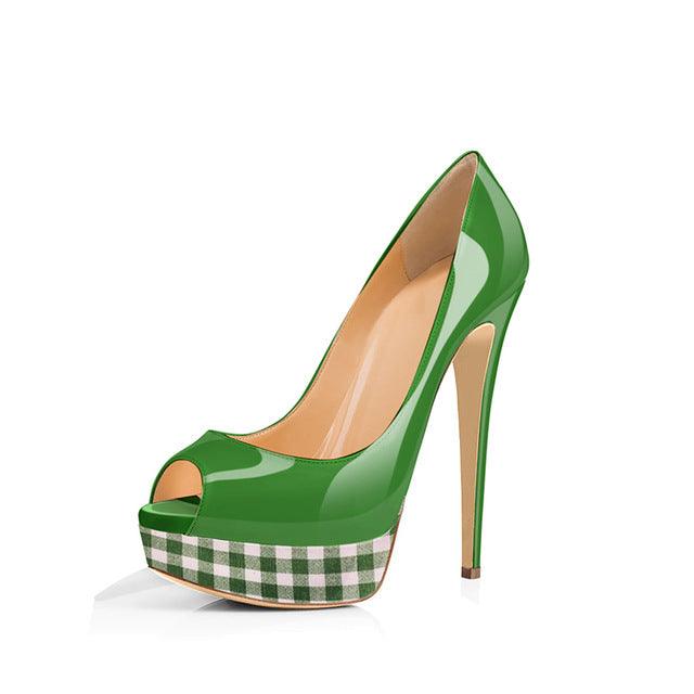 Platform Peep Toe Patent Leather Plaid High Heel Pump - TeresaCollections