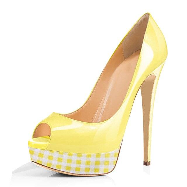 Platform Peep Toe Patent Leather Plaid High Heel Pump - TeresaCollections