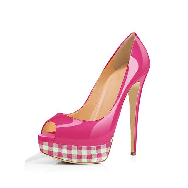 Platform Peep Toe Patent Leather Plaid High Heel Pump - TeresaCollections