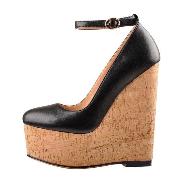 Ankle Strap Wedge High Heel Platform Round Toe - TeresaCollections