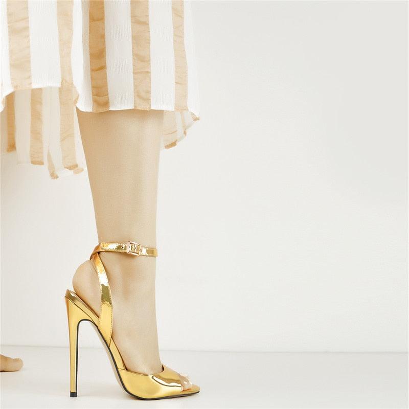 Gold Peep Toe  Buckle Strap Sandals - TeresaCollections