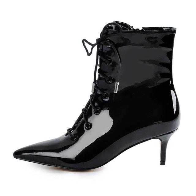 Kitten Low Heel Ankle Bootie Pointed Toe Lace Up Booties - TeresaCollections