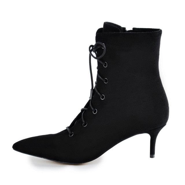 Kitten Low Heel Ankle Bootie Pointed Toe Lace Up Booties - TeresaCollections