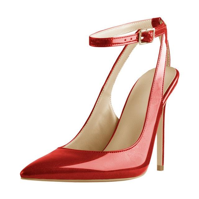 Red Slingback Ankle Strap Pumps Pointed Toe Stiletto - TeresaCollections