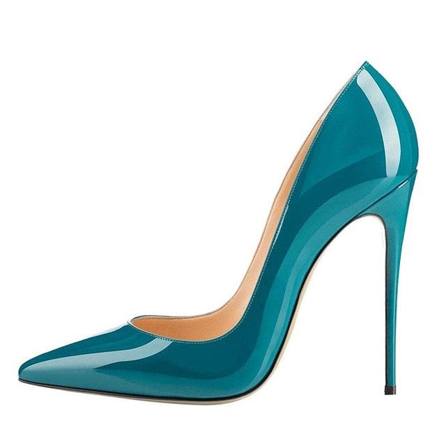 Elegant Dark Green Teal Patent Leather Pumps - TeresaCollections