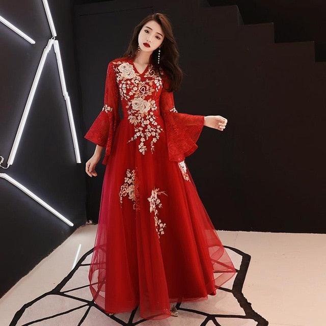 Oriental Evening Chinese Traditional Embroidery Female Cheongsam Lace Qipao Dress - TeresaCollections