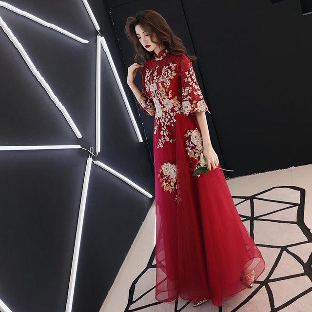 Oriental Evening Chinese Traditional Embroidery Female Cheongsam Lace Qipao Dress - TeresaCollections