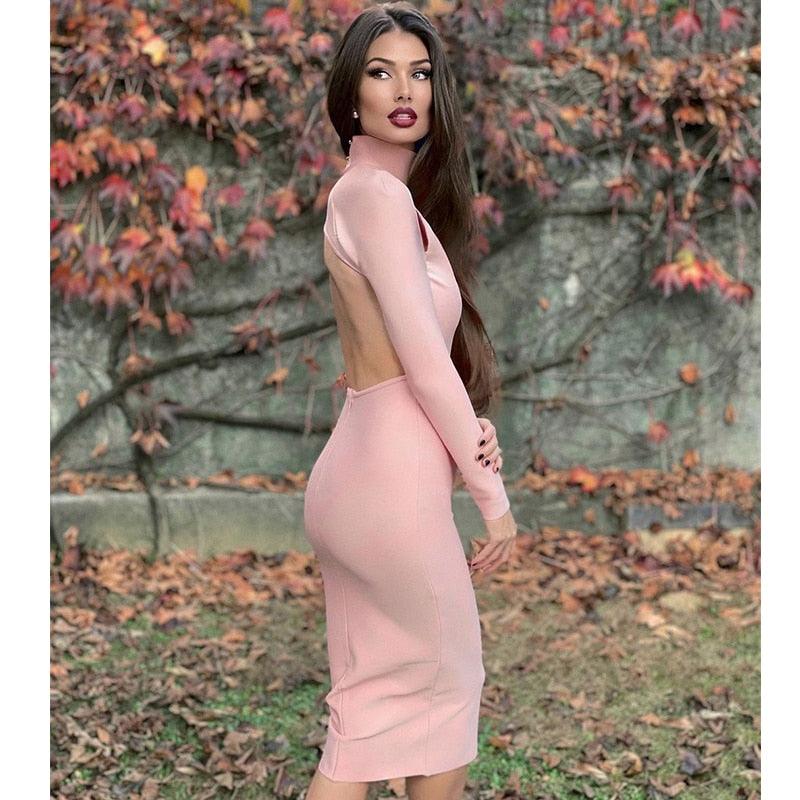 Backless Sexy Knitted Long Sleeve Slim Midi Dress - TeresaCollections
