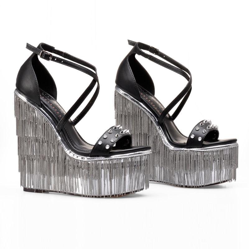 Palms Summer Supper High Platform with Chain Rivets Wedges Sandals - TeresaCollections