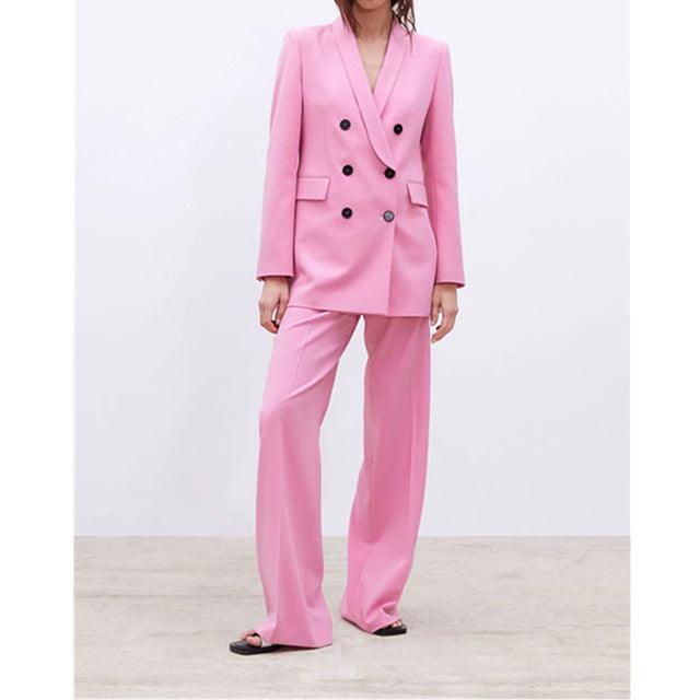 Pink Double-breasted V-neck Casual Blazer Suits - TeresaCollections