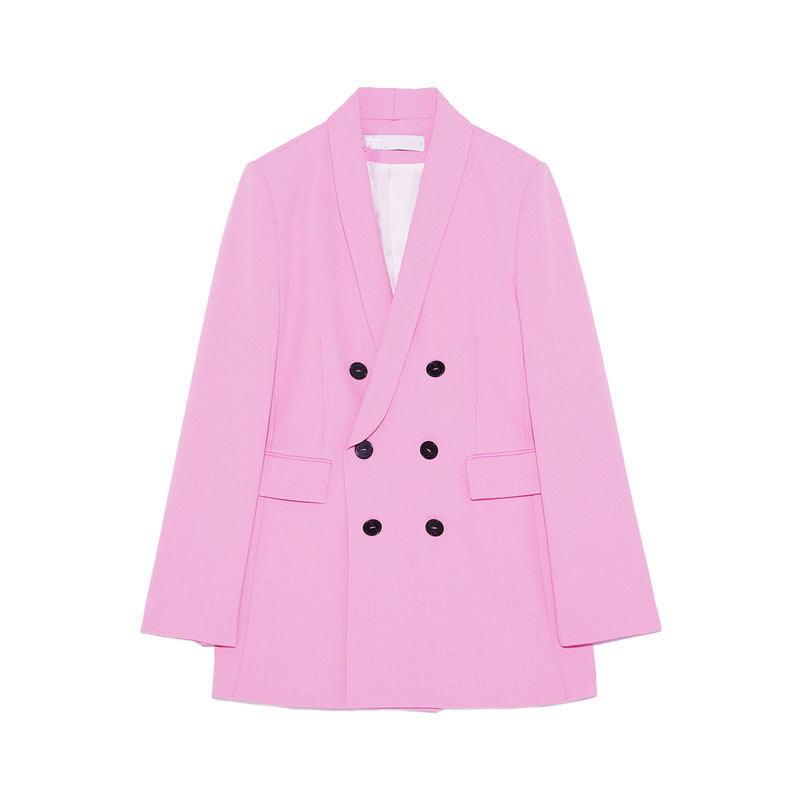 Pink Double-breasted V-neck Casual Blazer Suits - TeresaCollections