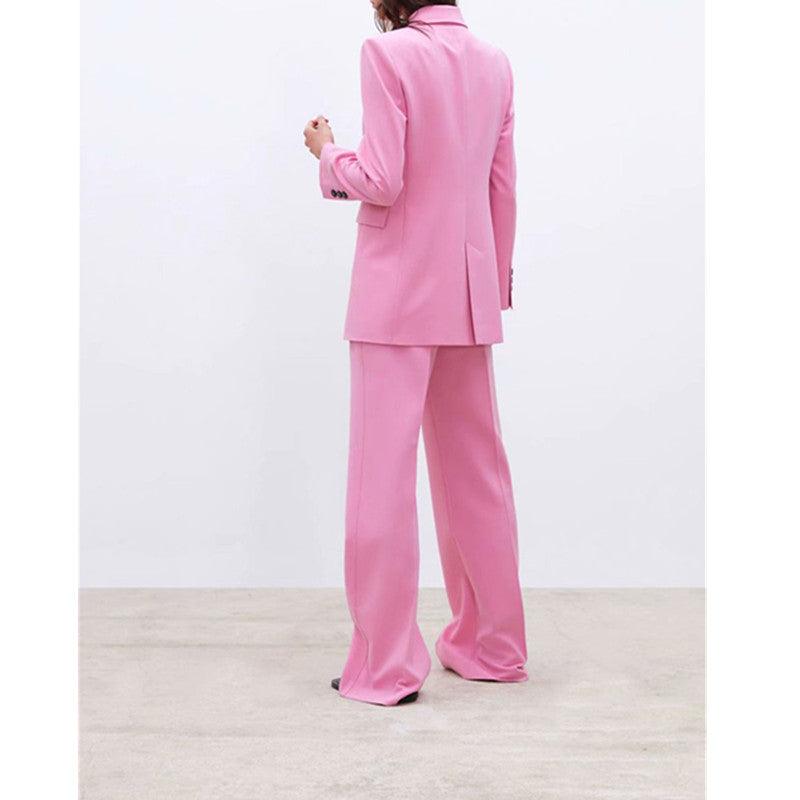 Pink Double-breasted V-neck Casual Blazer Suits - TeresaCollections
