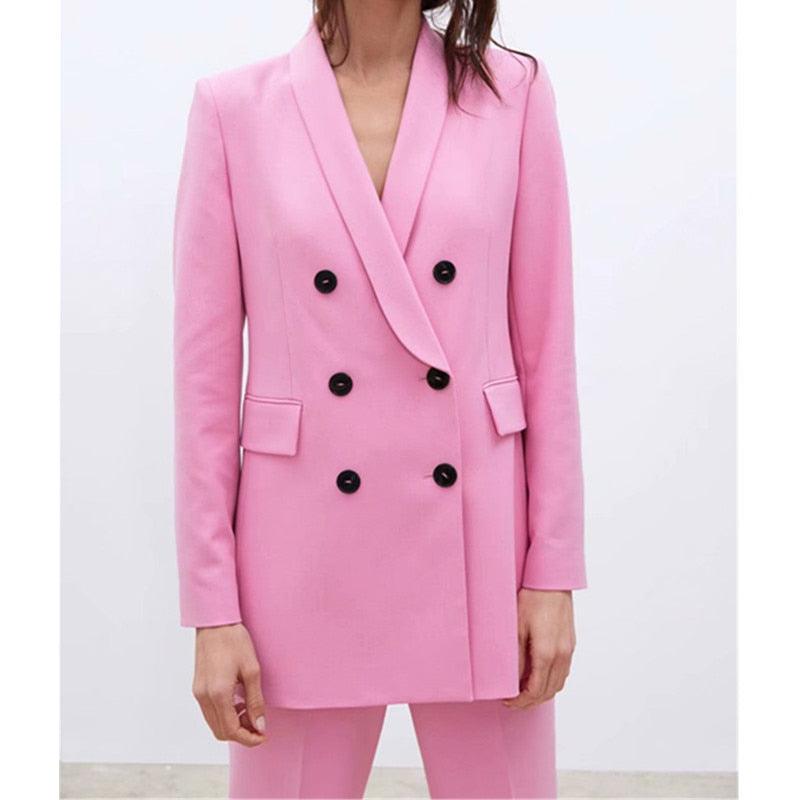 Pink Double-breasted V-neck Casual Blazer Suits - TeresaCollections