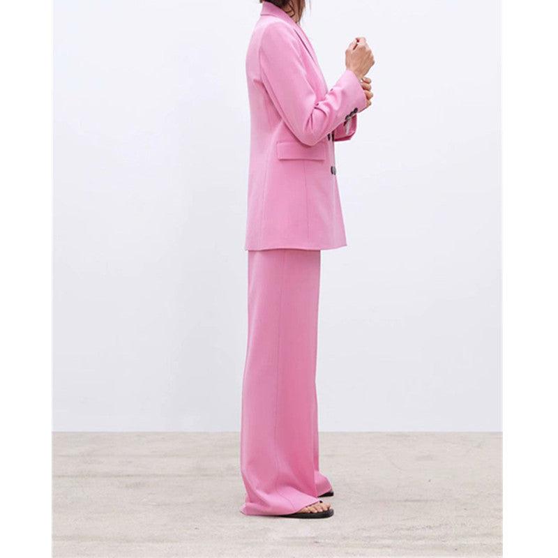 Pink Double-breasted V-neck Casual Blazer Suits - TeresaCollections