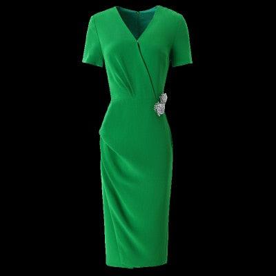 Pleated Short Sleeve Vintage Career Business Midi Dress - TeresaCollections