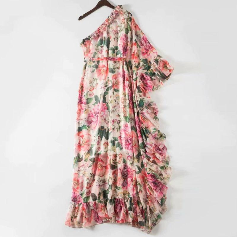 Plus Size Sexy Boho Beach Irregular Ruffled Print Chiffon Chic Dresses - TeresaCollections