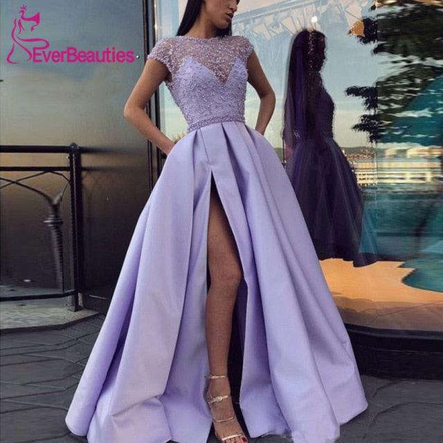 High Slit Satin Lace Beaded Purple Evening Dress - TeresaCollections