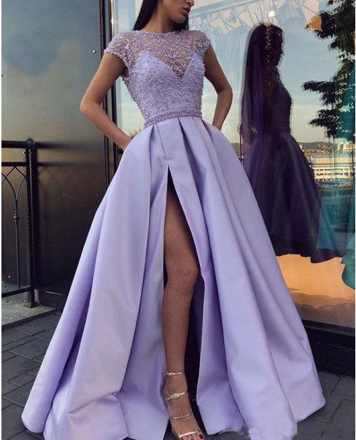 High Slit Satin Lace Beaded Purple Evening Dress - TeresaCollections