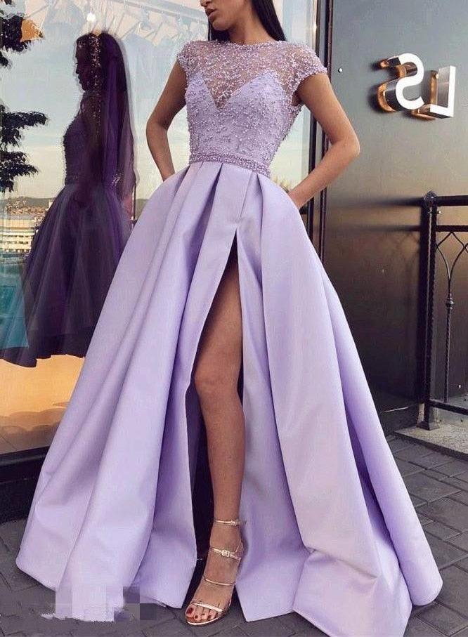 High Slit Satin Lace Beaded Purple Evening Dress - TeresaCollections