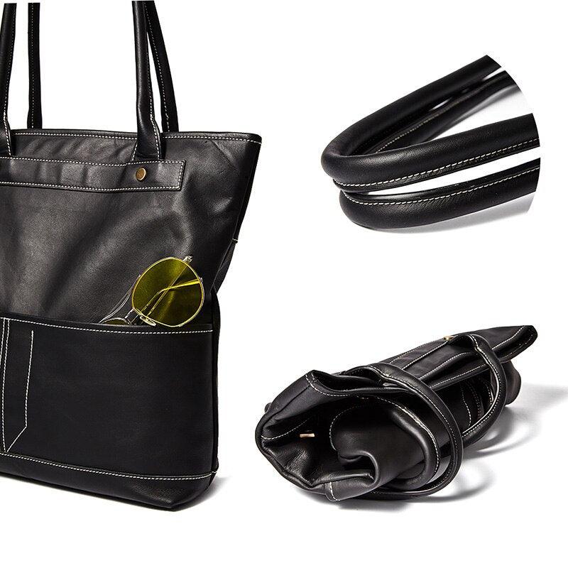 Real Leather Black Tote - TeresaCollections