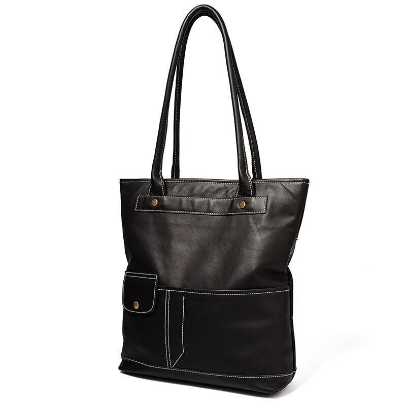 Real Leather Black Tote - TeresaCollections