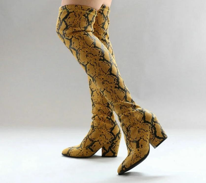 Serpentine  Faux Leather Slip On Long Square Heel Over The Knee Boots - TeresaCollections