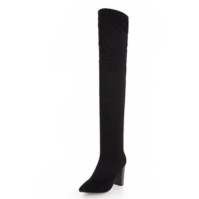 Pointed Toe Slip On Thigh High Heels Knee High Boot - TeresaCollections