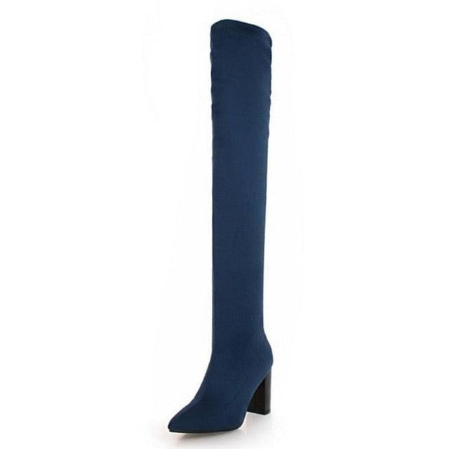 Pointed Toe Slip On Thigh High Heels Knee High Boot - TeresaCollections