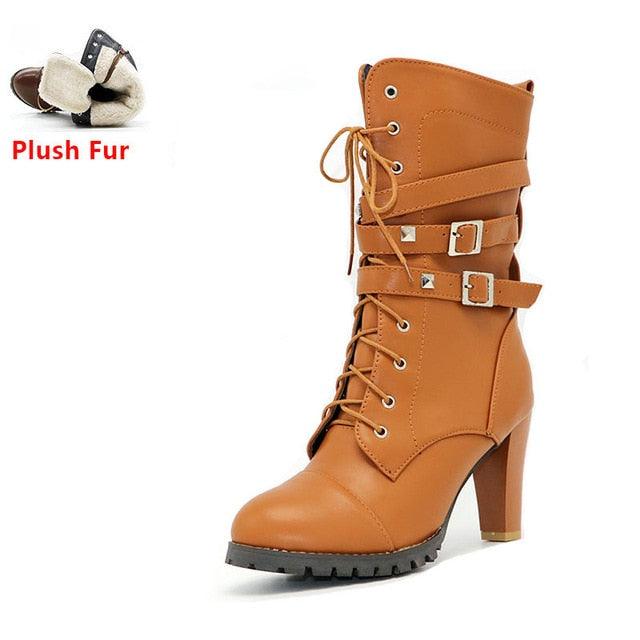 Buckle Zipper Rivets Lace Up Boots - TeresaCollections
