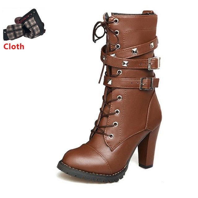 Buckle Zipper Rivets Lace Up Boots - TeresaCollections