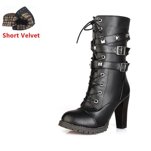 Buckle Zipper Rivets Lace Up Boots - TeresaCollections