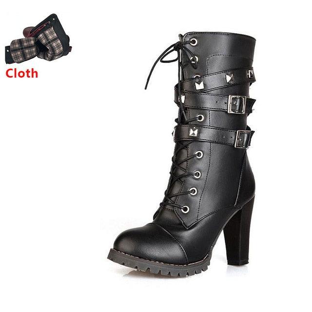 Buckle Zipper Rivets Lace Up Boots - TeresaCollections