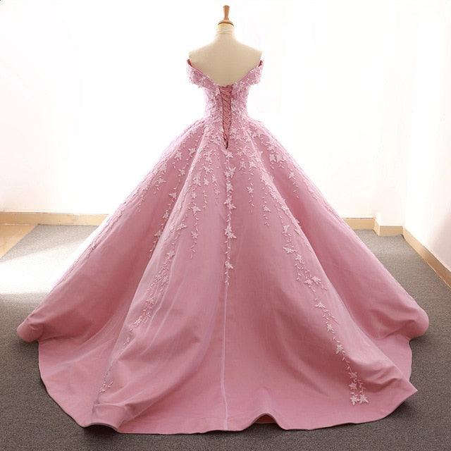 Ballerina Pink Off Shoulder Sweetheart  Puffy Pleated Evening Formal Dress - TeresaCollections