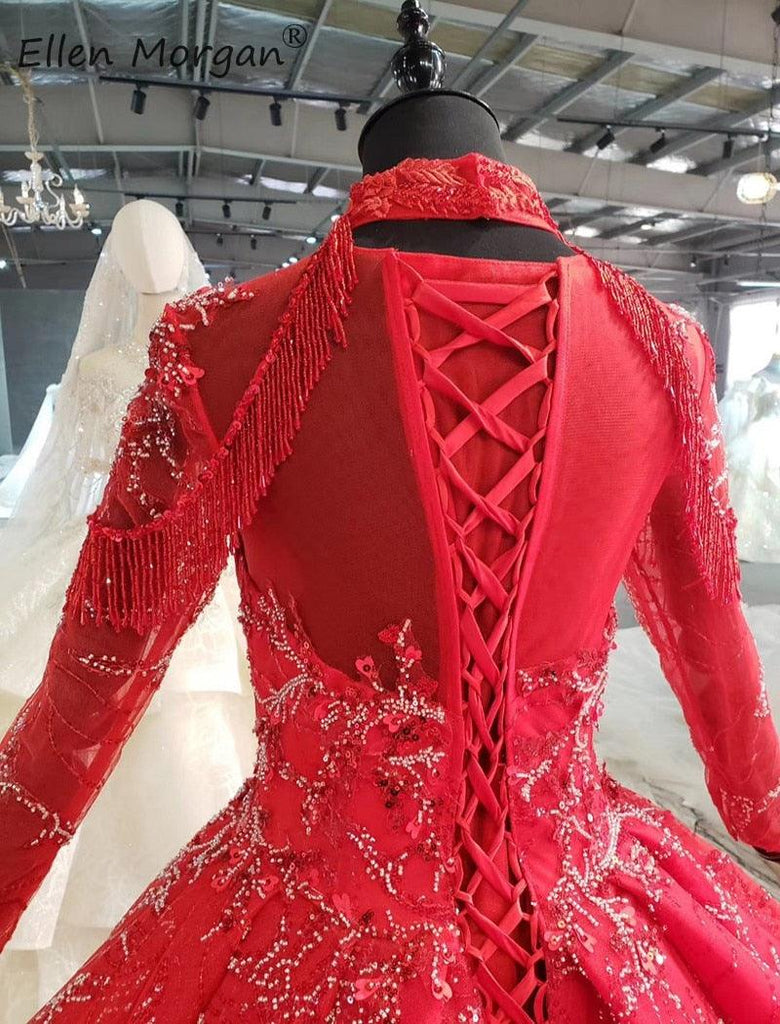 Red Fringe Lace up Arabic Dubai Luxury Dress - TeresaCollections