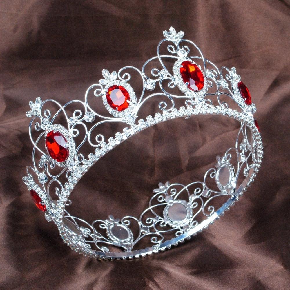 Red Semi-precious Stone Diadem Full Circle Rhinestone Crystal Tiara - TeresaCollections