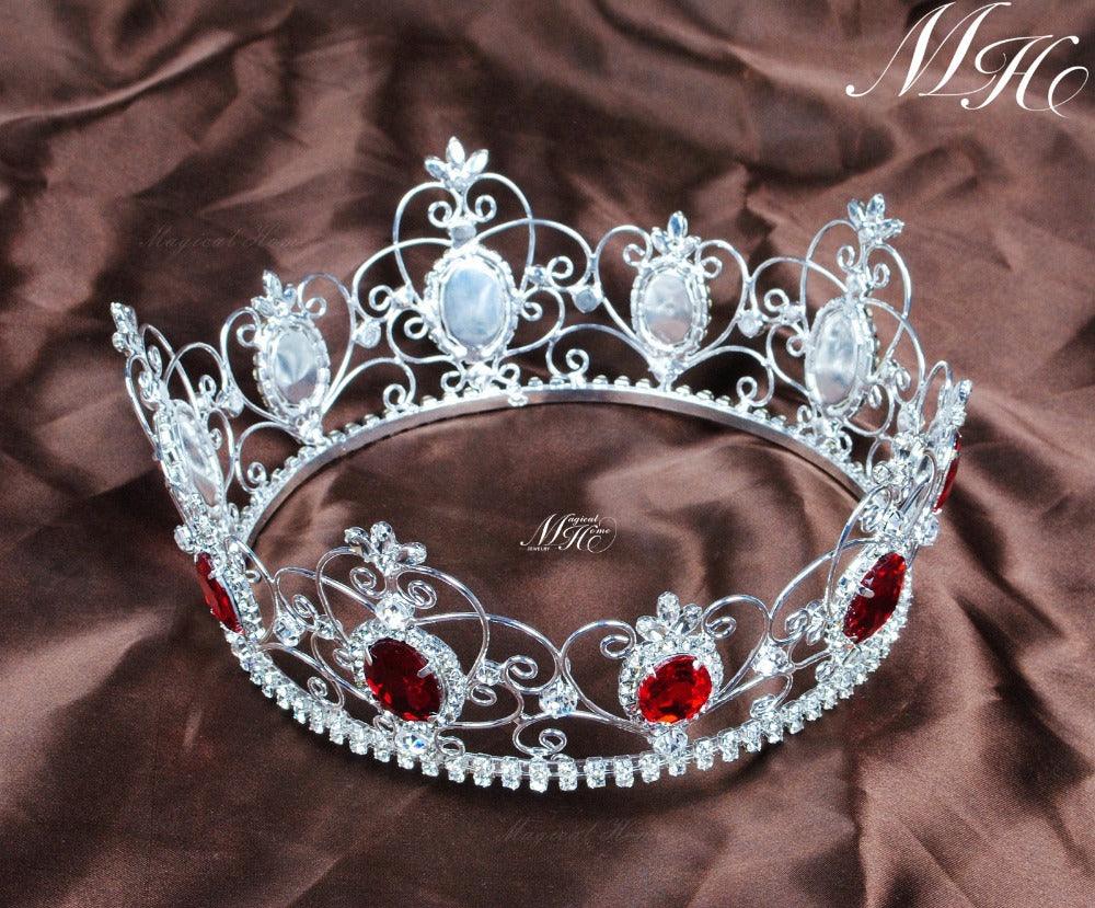 Red Semi-precious Stone Diadem Full Circle Rhinestone Crystal Tiara - TeresaCollections