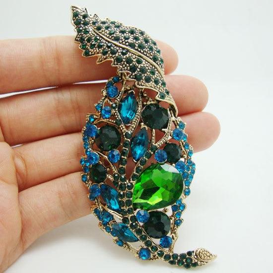 Rhinestone Jewelry Vintage Leaf Green Crystal Rhinestone Pendant Gold-Tone Brooch Pin - TeresaCollections