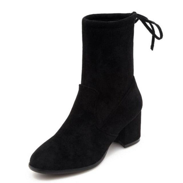 High Heel Round Toe Mid Calf Mature Simple Ankle Boots - TeresaCollections