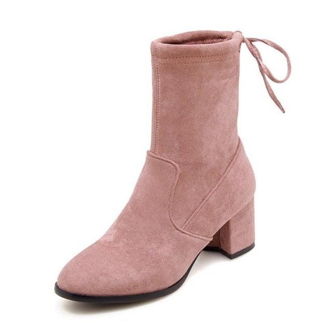 High Heel Round Toe Mid Calf Mature Simple Ankle Boots - TeresaCollections