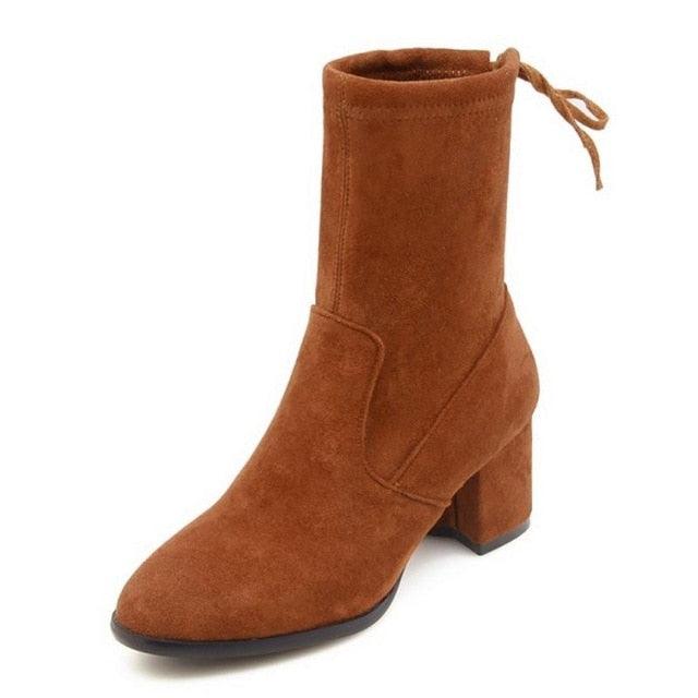 High Heel Round Toe Mid Calf Mature Simple Ankle Boots - TeresaCollections