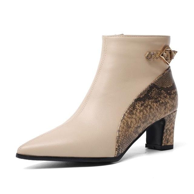 Snake Print Buckle Ankle Boots - TeresaCollections