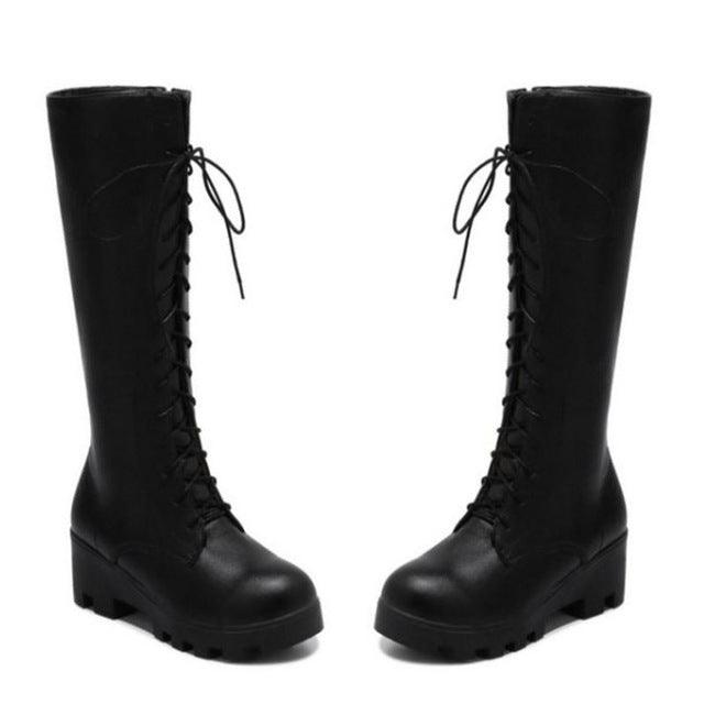 Lace Up Round Toe Zipper High Heel Boots - TeresaCollections