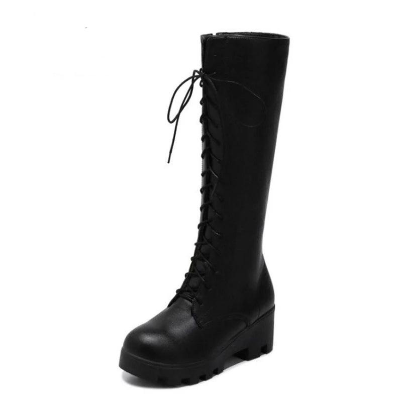 Lace Up Round Toe Zipper High Heel Boots - TeresaCollections