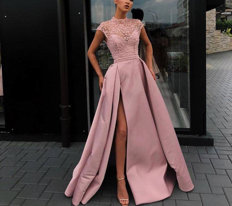 Satin Lace Beaded Evening Prom Dress - TeresaCollections