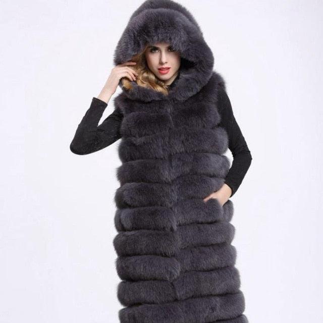 Jacket Ladies Gilet Fur Hood Hooded Gilet Womens Black Faux Fur