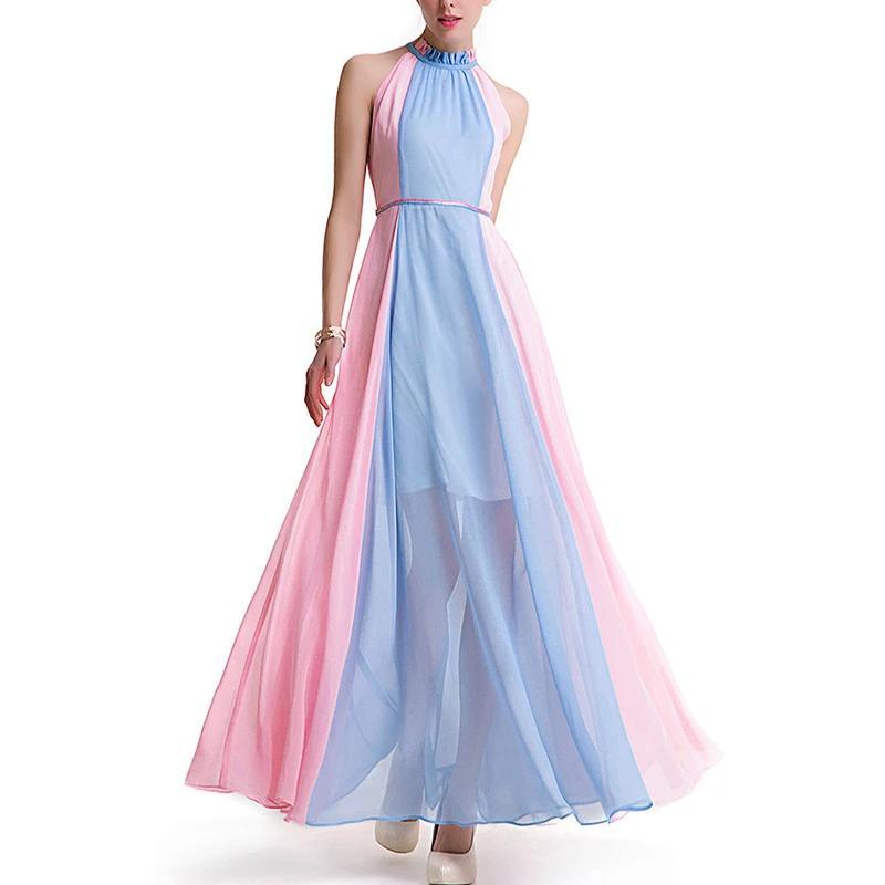 Halter Chiffon Sleeveless Multicolor Summer Bohemian Dress - TeresaCollections