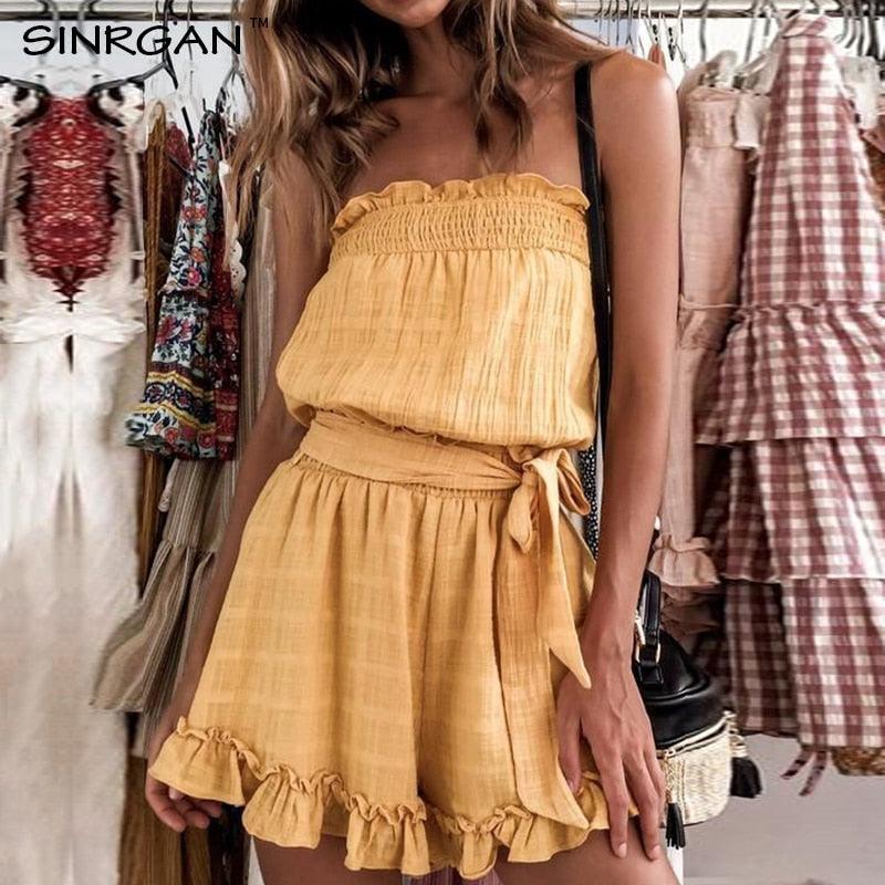 Yellow Elastic Waist Summer Sexy off Shoulder Rompers - TeresaCollections