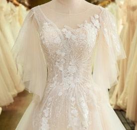 Elegant Illusion Bodice Lace Puffy Short Sleeve Wedding Dress - TeresaCollections