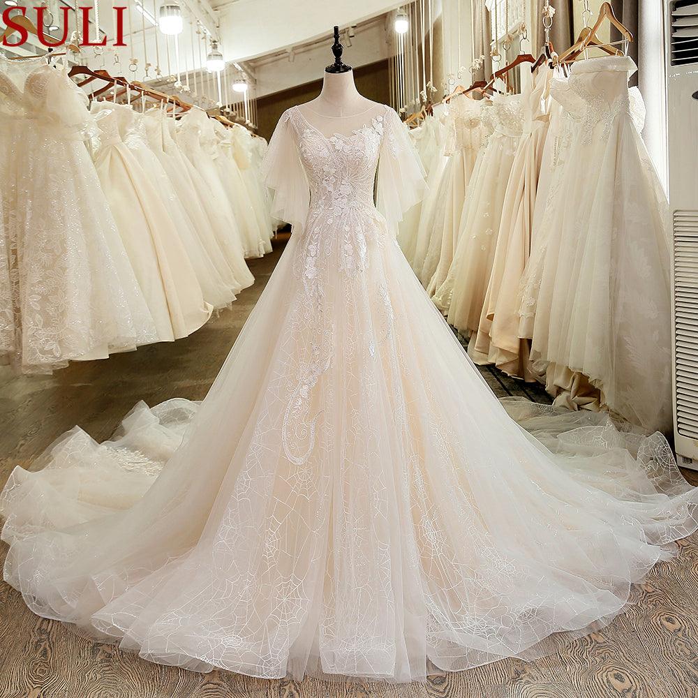 Elegant Illusion Bodice Lace Puffy Short Sleeve Wedding Dress - TeresaCollections