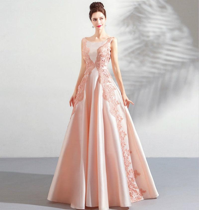 Light Pink Elegance Satin Lace Sleeveless Evening Dress - TeresaCollections